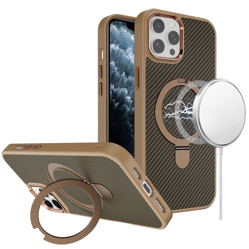 Phone Case for Apple iPhone 11 Pro Max Carbon Fiber Magnetic Ring Stand Hybrid Shockproof AntiSlip Grip Kickstand Military Drop Protection Matte Finish Cover Brown