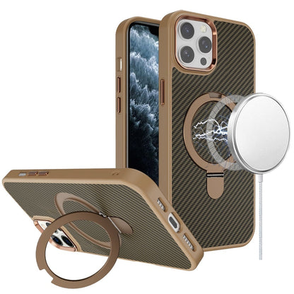 Phone Case for Apple iPhone 11 Pro Max Carbon Fiber Magnetic Ring Stand Hybrid Shockproof AntiSlip Grip Kickstand Military Drop Protection Matte Finish Cover Brown
