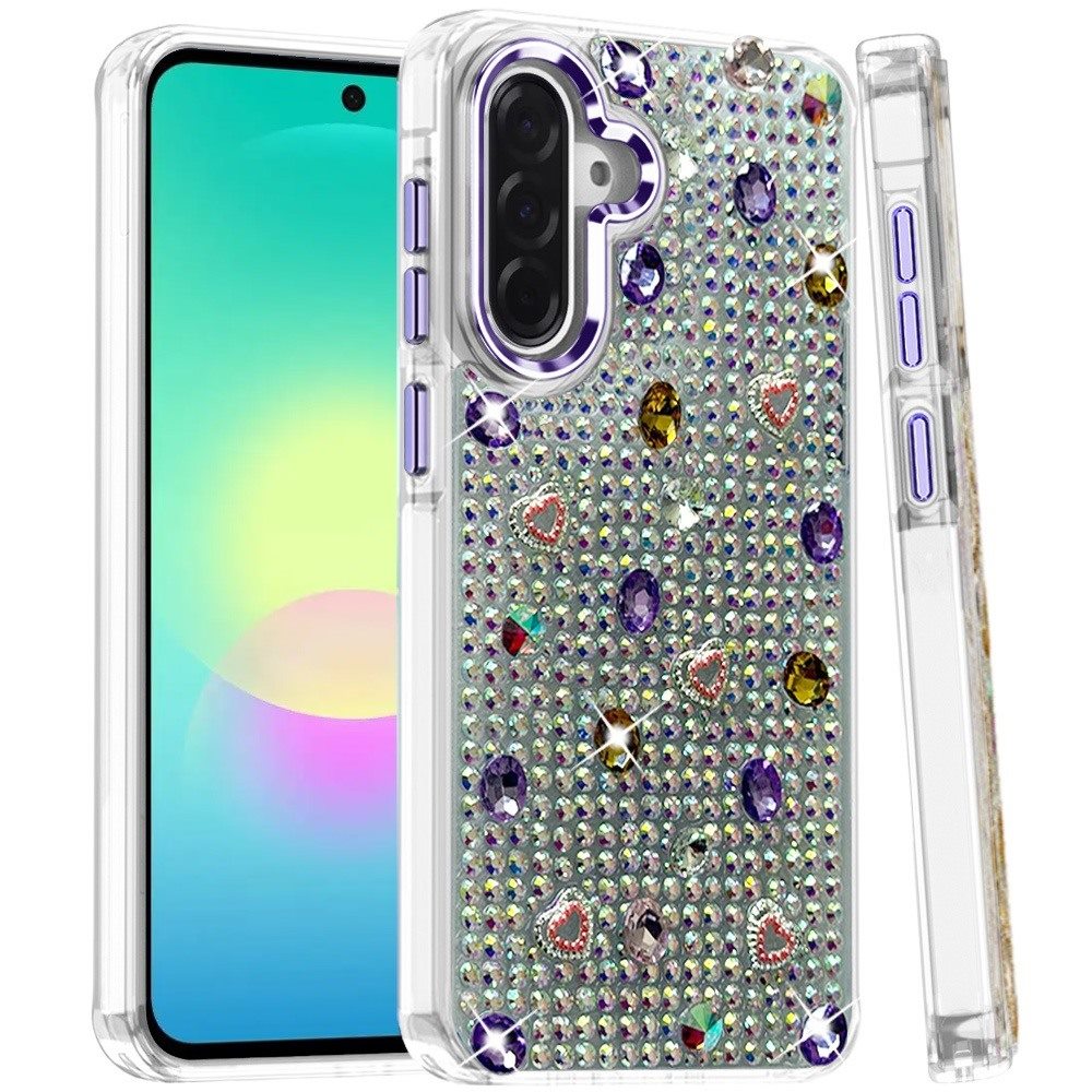 Phone Case for Samsung Galaxy A27 Chrome Fashion Hybrid Bling Diamond Heart Rhinestone Decorative Stones Sparkling Embellished Design Cover Purple