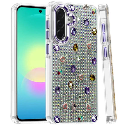 Phone Case for Samsung Galaxy A27 Chrome Fashion Hybrid Bling Diamond Heart Rhinestone Decorative Stones Sparkling Embellished Design Cover Purple