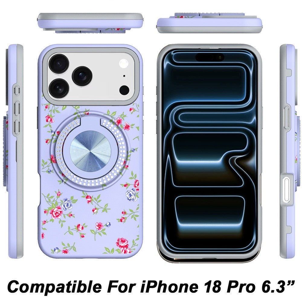 Phone Case for Apple iPhone 18 Pro Magnetic Ring Stand Matte Metal Hybrid Car Mount Friendly Shockproof Rotational Grip Diamond Design Pattern Cover