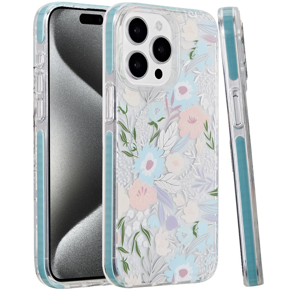 For Apple iPhone 16 Plus (6.7") Floral Pattern Design Cute Clear Hybrid Compatible with Magsafe Double Layer Soft TPU Hard PC Case Cover