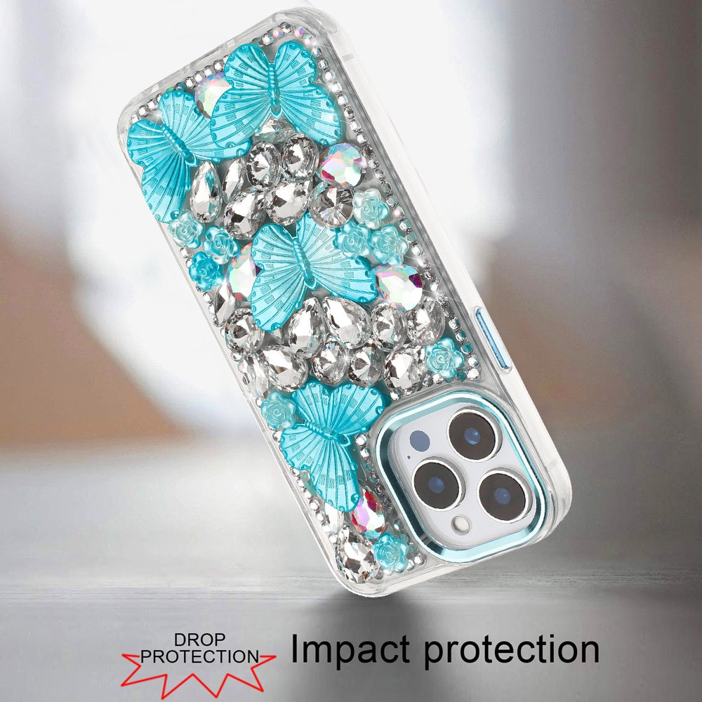 For Apple iPhone 17E /16E 3D Diamond Floral Butterfly Bling Stone Hybrid, Sparkly Rhinestone Gemstone Back Shockproof Case Cover