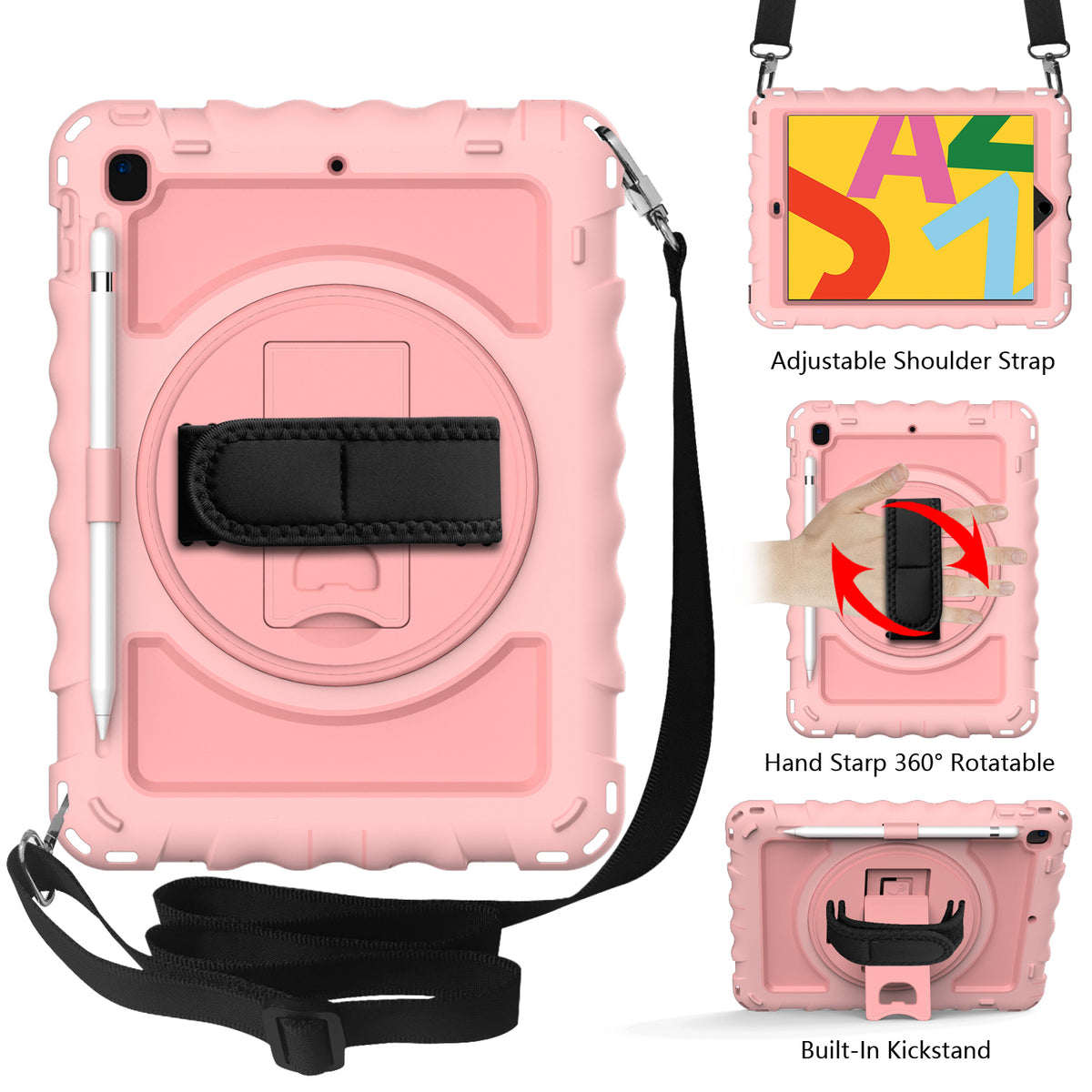 For Hybrid 3in1 Armor Rugged with Built-in Kickstand 360° Rotatable Stand & Shoulder Hand Strap Corner Shockproof Rose Gold Tablet Case Cover