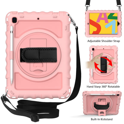 For Hybrid 3in1 Armor Rugged with Built-in Kickstand 360° Rotatable Stand & Shoulder Hand Strap Corner Shockproof Rose Gold Tablet Case Cover