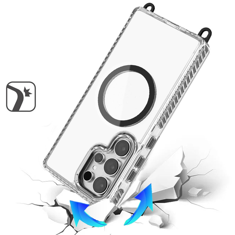 For Samsung Galaxy S25+ /S25 Plus /S24+ Plus Clear Magnetic Frame PC Back Shockproof Protective Case with Detachable Lanyard Strap, Compatible with MagSafe Case Cover