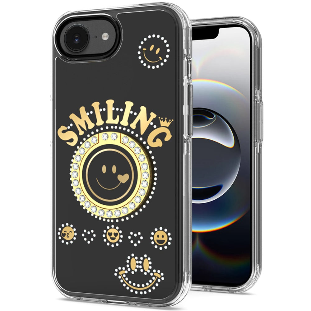 For Apple iPhone 17E /16E Smiling Glitter Bling Ornament Hybrid Shockproof Stylish Sparkle Design Secure Grip Durable Protection Case Cover Black