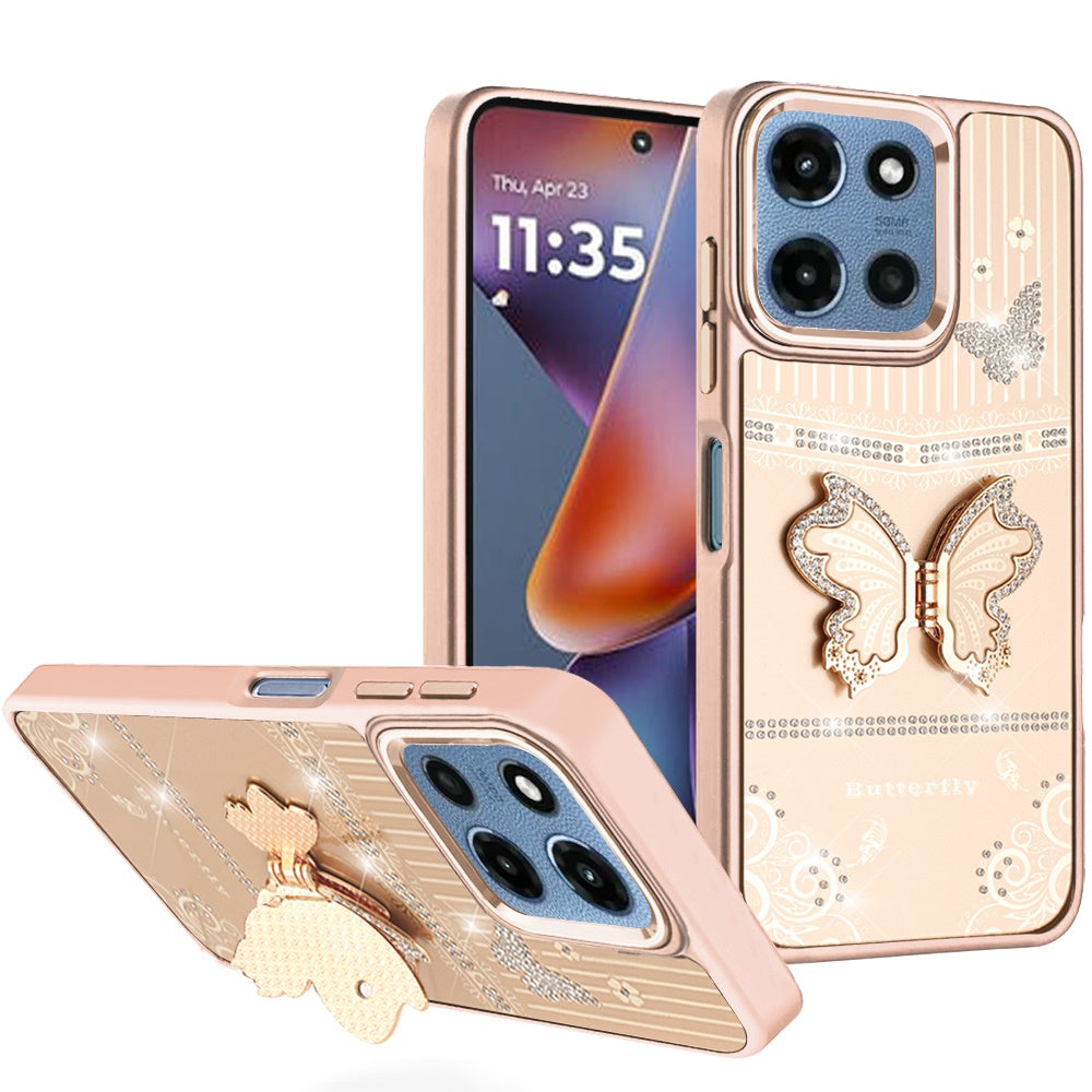 For Motorola Moto G Play 5G 2026 Glitter 3D Butterfly Design Bling Metallic Edge Hybrid Stand Drop Protection TPU Shockproof Case Cover Cosmic Orange