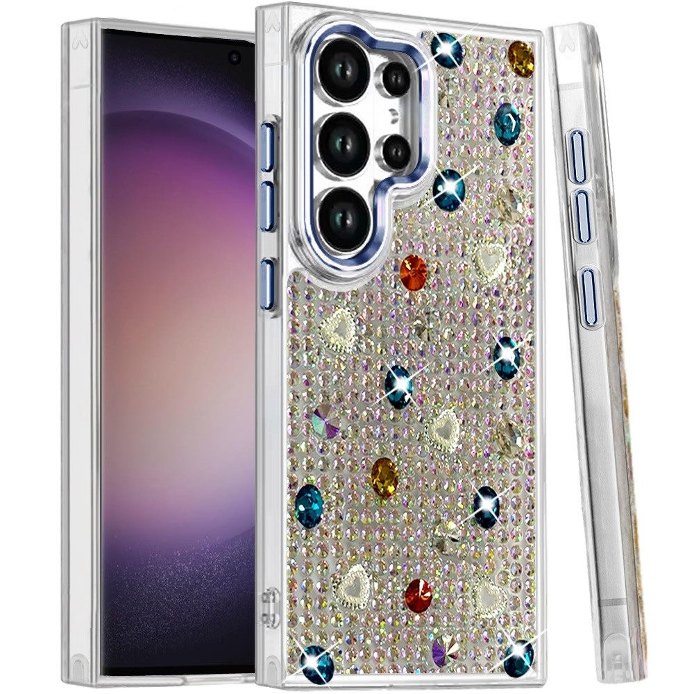 Phone Case for Samsung Galaxy S23 Ultra Chrome Fashion Hybrid Bling Diamond Heart Rhinestone Decorative Stones Sparkling Embellished Design Cover