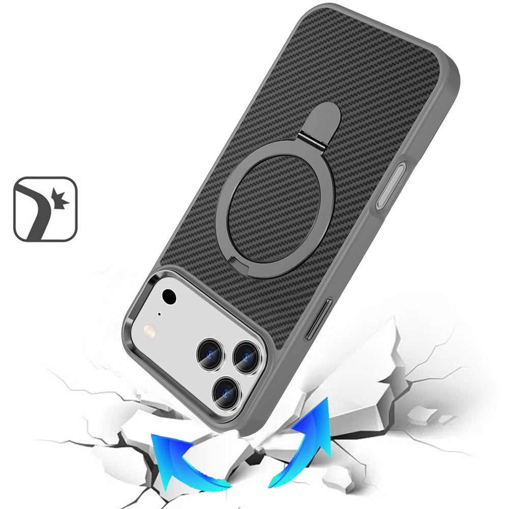Phone Case for Apple iPhone 17 Pro Max Carbon Fiber Magnetic Ring Stand Hybrid Shockproof AntiSlip Grip Kickstand Military Drop Protection Matte Finish Cover Gray