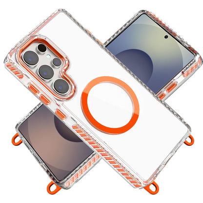 Phone Case for Samsung Galaxy S25 Ultra Transparent Magnetic Lanyard Shockproof Hybrid Clear Grip Durable Camera Protection TPU Anti-Slip Design Cover Cosmic Orange