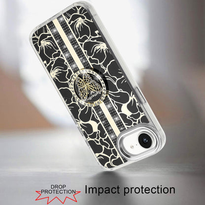 For Apple iPhone 17E /16E Diamonds 3D Butterfly Floral Design Bling Sparkly Glitter Hybrid Metal Fashion with Ring Stand Case Cover