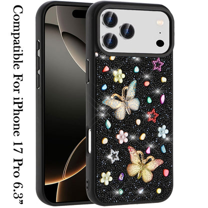 For Apple iPhone 17 Pro (6.3") Diamond Butterfly 3D Glitter Bling Design, Slim Hybrid Sparkle Protective Cover TPU for Women Girls Case Cover