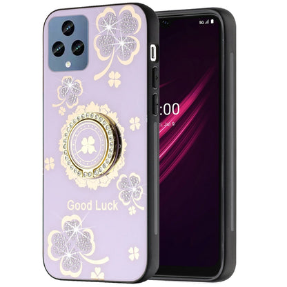 For Apple iPhone SE 4 Diamonds 3D Fashion Floral Bling Sparkly Glitter Ornaments Engraving Hybrid with Ring Stand Case Cover Purple Good Luck Floral