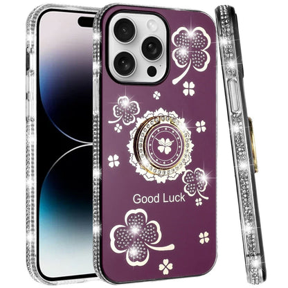 Phone Case for Apple iPhone 14 Pro Max Glitter Diamond Ring Stand Sparkle Rhinestone Edge AntiSlip Kickstand Luxury Fashion Bumper Shockproof Cover Red