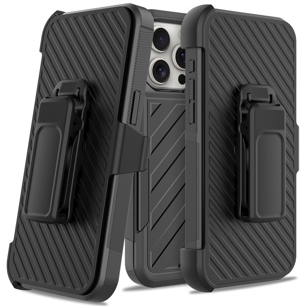For Apple iPhone 16 Pro Max (6.9") Premium Design Hybrid lined with Belt Clip Holster Shockproof Rugged Textured 2in1 Non Slip Tough Case Cover Gray