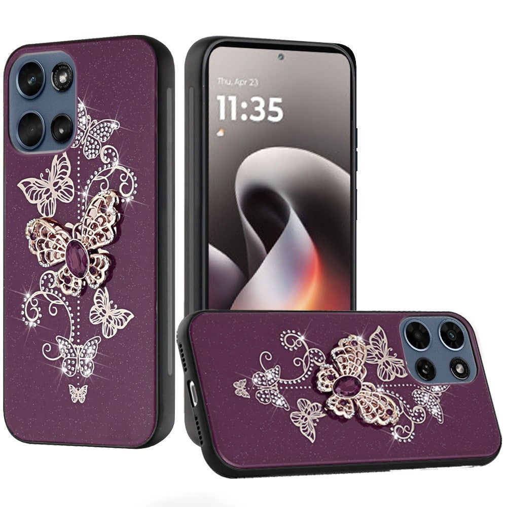 Phone Case for Motorola Moto G Stylus 5G 2026 /2025 Diamond Glitter 3D Butterfly Engraved Luxury Bling Hybrid Shockproof Chrome Edge Protective Durable Grip Cover Purple