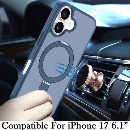 Phone Case for Apple iPhone 17 Magnetic Ring Stand Full Rotation Matte Shockproof Grip Anti Slip Durable Camera Protection Hybrid Cover Blue