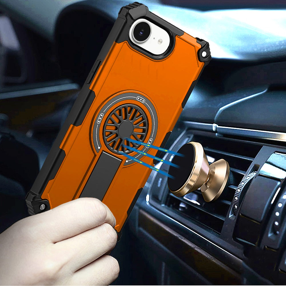 For Apple iPhone 17E /16E Texture Design Invisible Kickstand Case, MagSafe Compatible Hybrid Shockproof Cover, Car Mount Friendly Case Cover Cosmic Orange