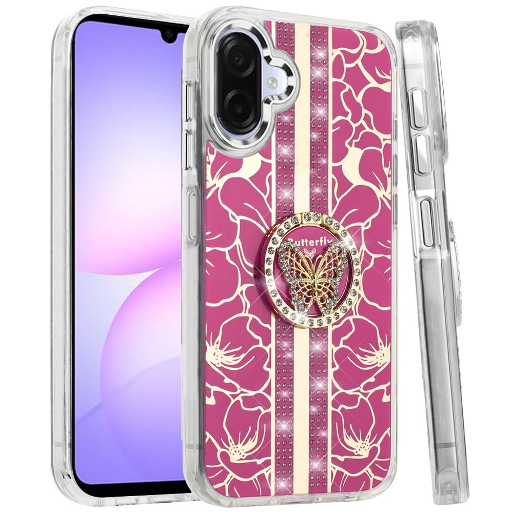 Phone Case Cover for Samsung Galaxy A07 4G Diamonds 3D Butterfly Floral Design Bling Sparkly Glitter Hybrid Metal Fashion with Ring Stand Cover