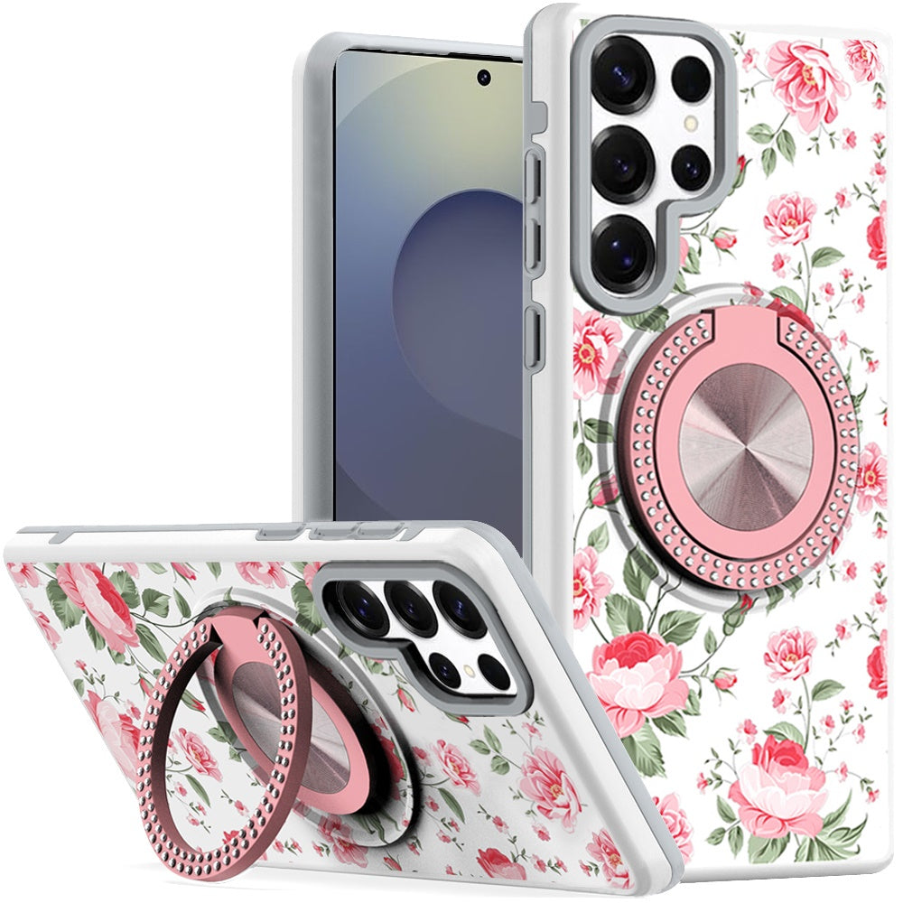 For Samsung Galaxy S25 Ultra Pattern Design Hybrid with Invisible Ring Stand & Magnetic Back, Shockproof Protective Grip Case Cover