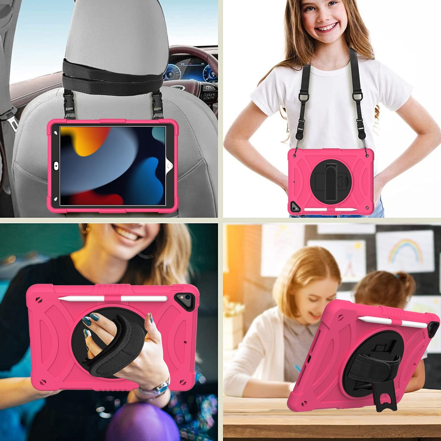 For 3-in-1 Tough Hybrid Shockproof Protector Silicone TPU with Pencil Holder, Kickstand, Hand & Shoulder Strap Hot Pink Tablet Case Cover
