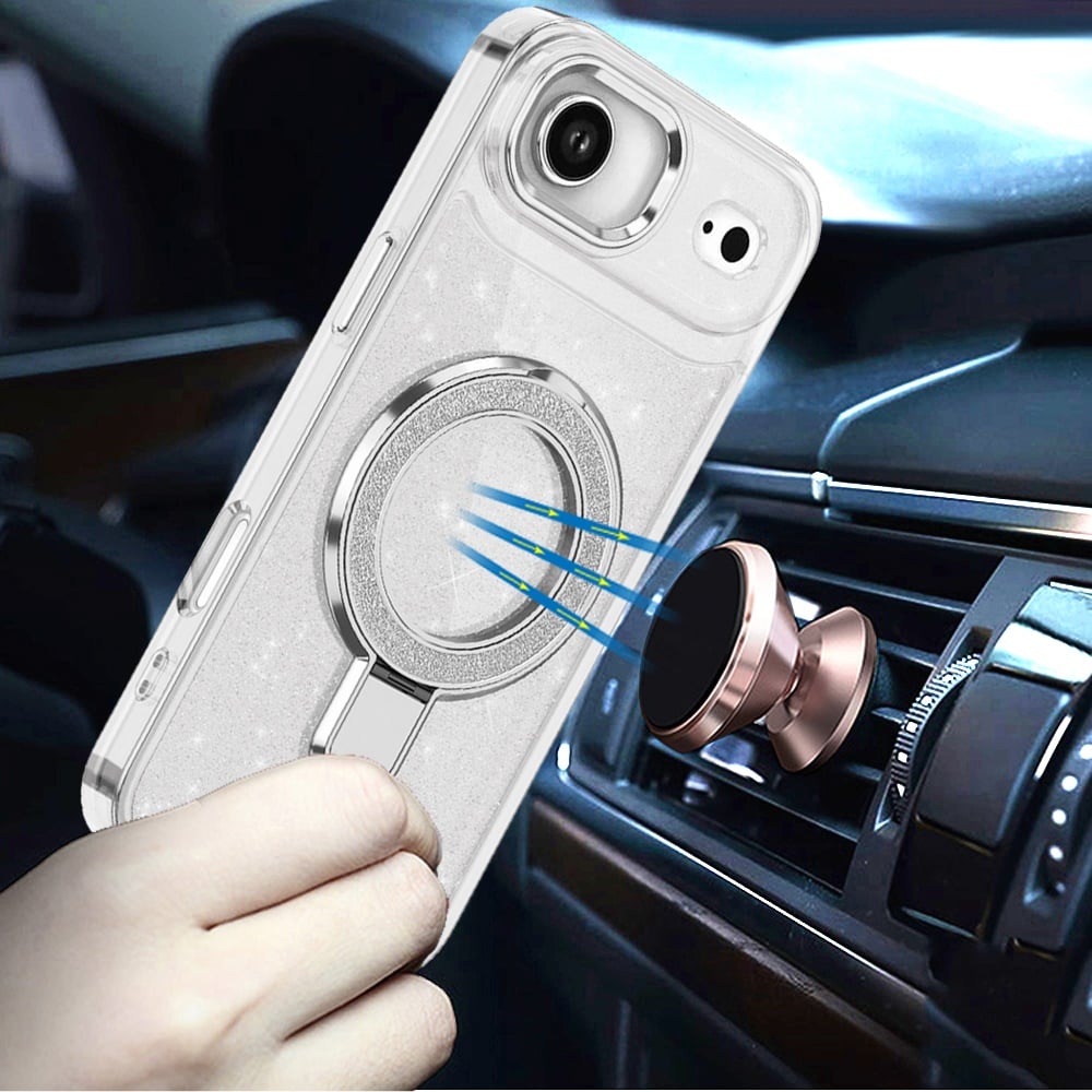 For Apple iPhone 17 Air (6.6") Transparent Glitter Bling Case with Rotating Magnetic Ring Stand, Shockproof Hybrid Case Cover Clear