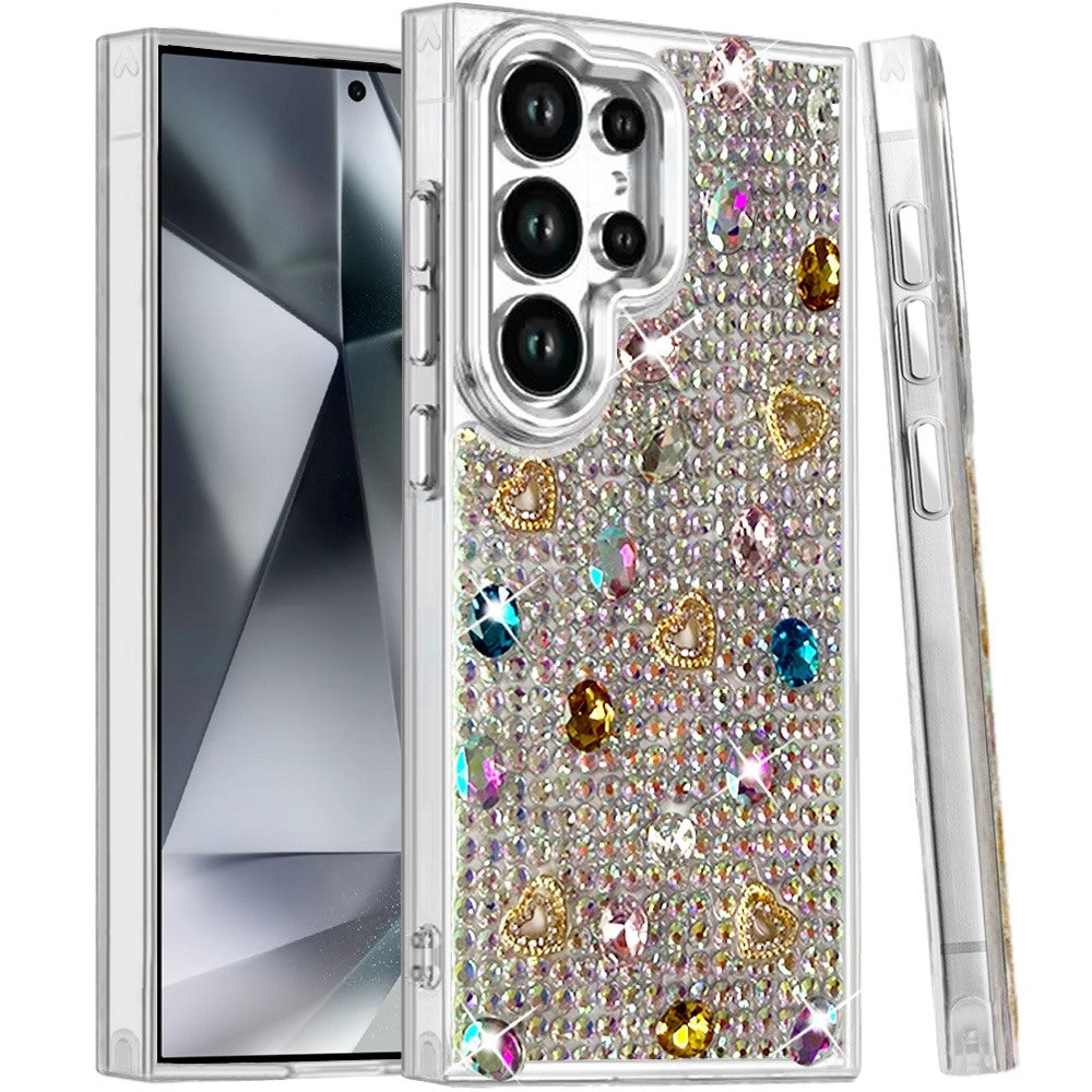 Phone Case for Samsung Galaxy S24 Ultra Chrome Fashion Hybrid Bling Diamond Heart Rhinestone Decorative Stones Sparkling Embellished Design Cover