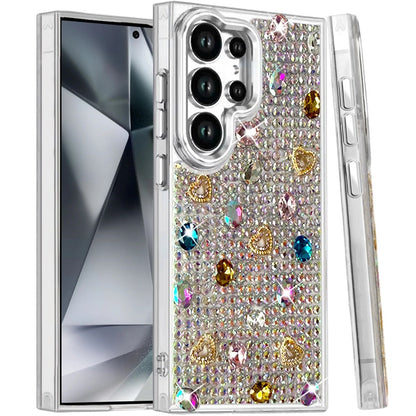 Phone Case for Samsung Galaxy S24 Ultra Chrome Fashion Hybrid Bling Diamond Heart Rhinestone Decorative Stones Sparkling Embellished Design Cover