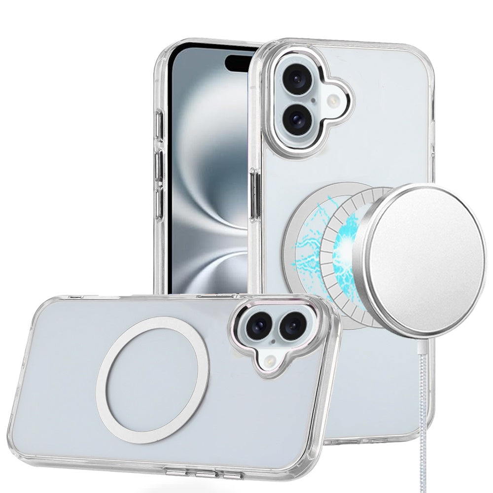 For iPhone 16 (6.1") Transparent Back Hybrid Case - Magnetic Circle, Color Frame, Metal Buttons, MagSafe Compatible Case Cover Clear