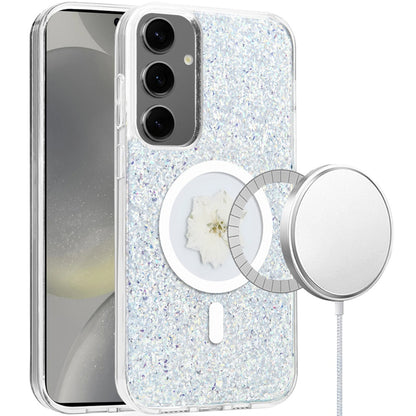 For Samsung Galaxy S24+ Plus MagSafe Compatible Glitter Flower Epoxy Hybrid Slim TPU Case, Magnetic Circle Design, Sparkly Bling Protective Case Cover Silver