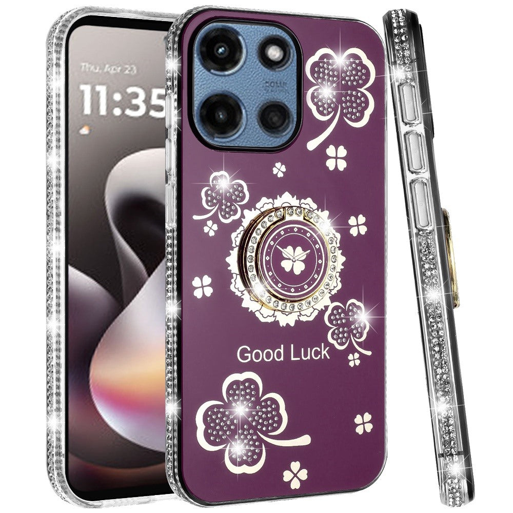 Phone Case for Moto G Stylus 5G 2026, Moto G Stylus 5G 2025 Glitter Diamond Ring Stand Sparkle Rhinestone Edge AntiSlip Kickstand Luxury Fashion Bumper Shockproof Cover Purple