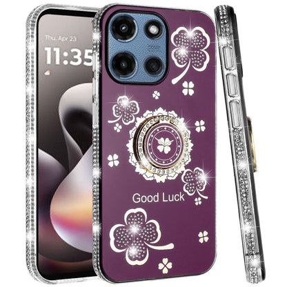 Phone Case for Moto G Stylus 5G 2026, Moto G Stylus 5G 2025 Glitter Diamond Ring Stand Sparkle Rhinestone Edge AntiSlip Kickstand Luxury Fashion Bumper Shockproof Cover Purple