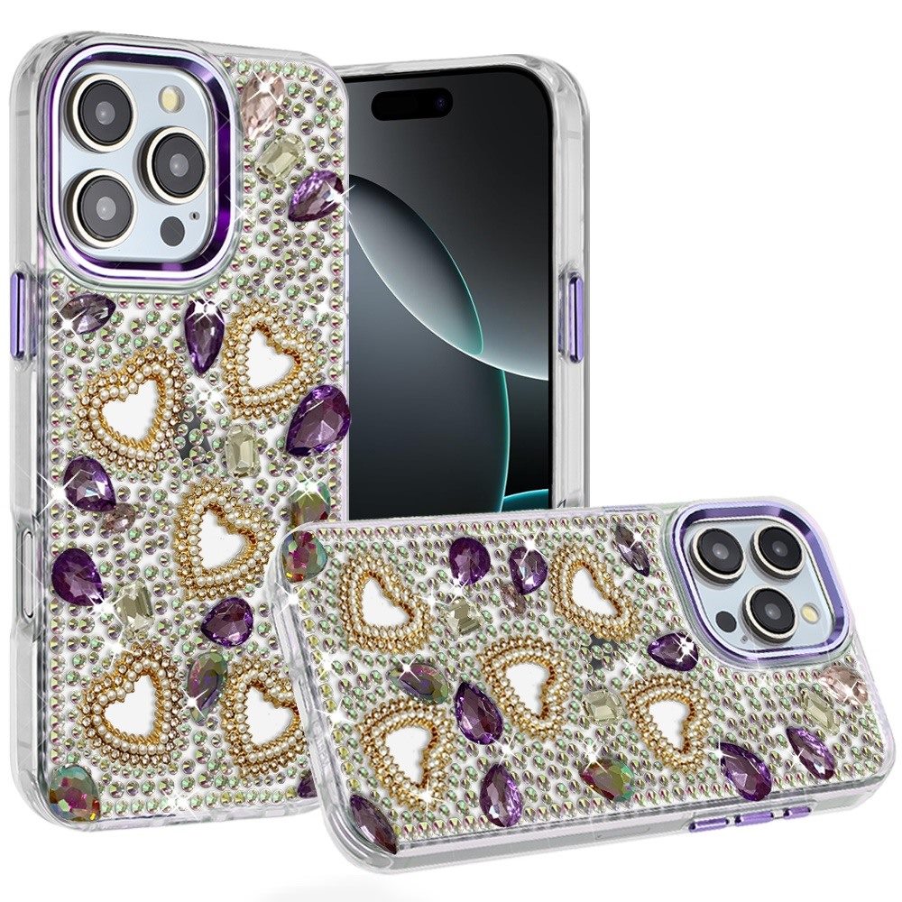Phone Case for Apple iPhone 16 Pro Max Luxury Crystal Heart Rhinestone Diamond Bling Shockproof Hybrid Glitter Protective Stylish Durable Grip Cover Dark Purple