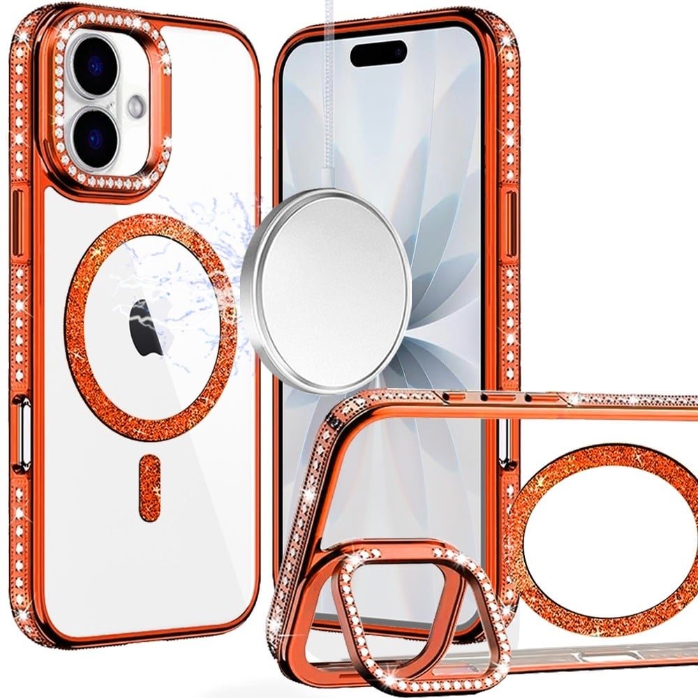 Phone Case for Apple iPhone 17 Luxury Diamond Bling Edged Magnetic Glitter Shockproof Hybrid with Camera Kickstand Durable Grip Cover Orange