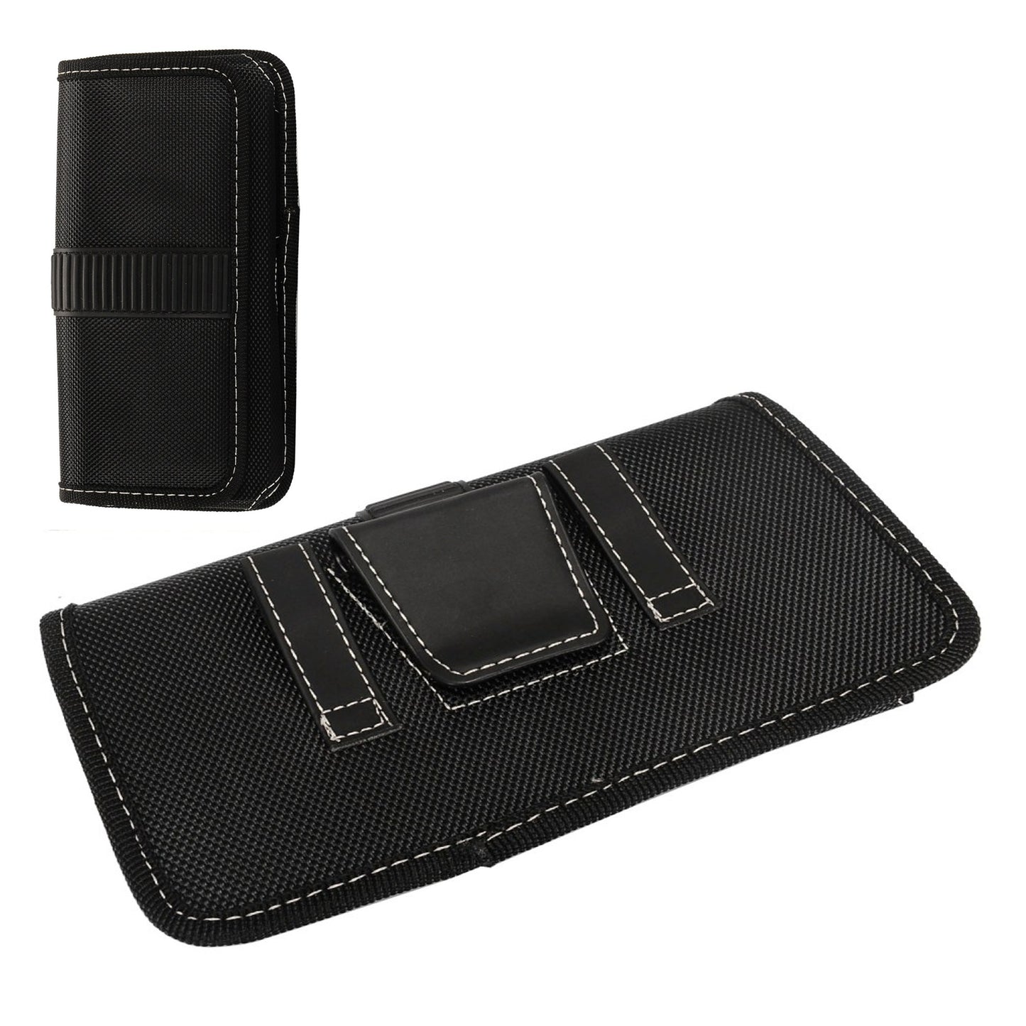 For Apple iPhone 16 Plus (6.7") Rugged Canvas Cellphone Belt Clip Cover Holster Pouch Holder with Belt Loops Universal Horizontal Carrying Case [Black]