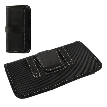 For Apple iPhone 16 Plus (6.7") Rugged Canvas Cellphone Belt Clip Cover Holster Pouch Holder with Belt Loops Universal Horizontal Carrying Case [Black]