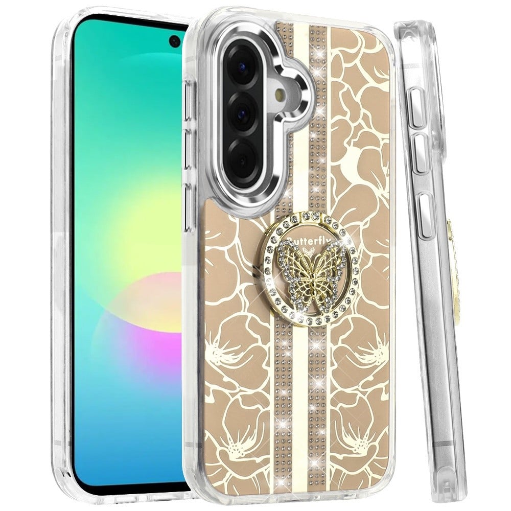 Phone Case for Samsung Galaxy A27 5G Floral Butterfly Ring Stand Glitter Bling Shockproof Hybrid Luxury Fashion Protective Anti Slip Durable Grip Cover