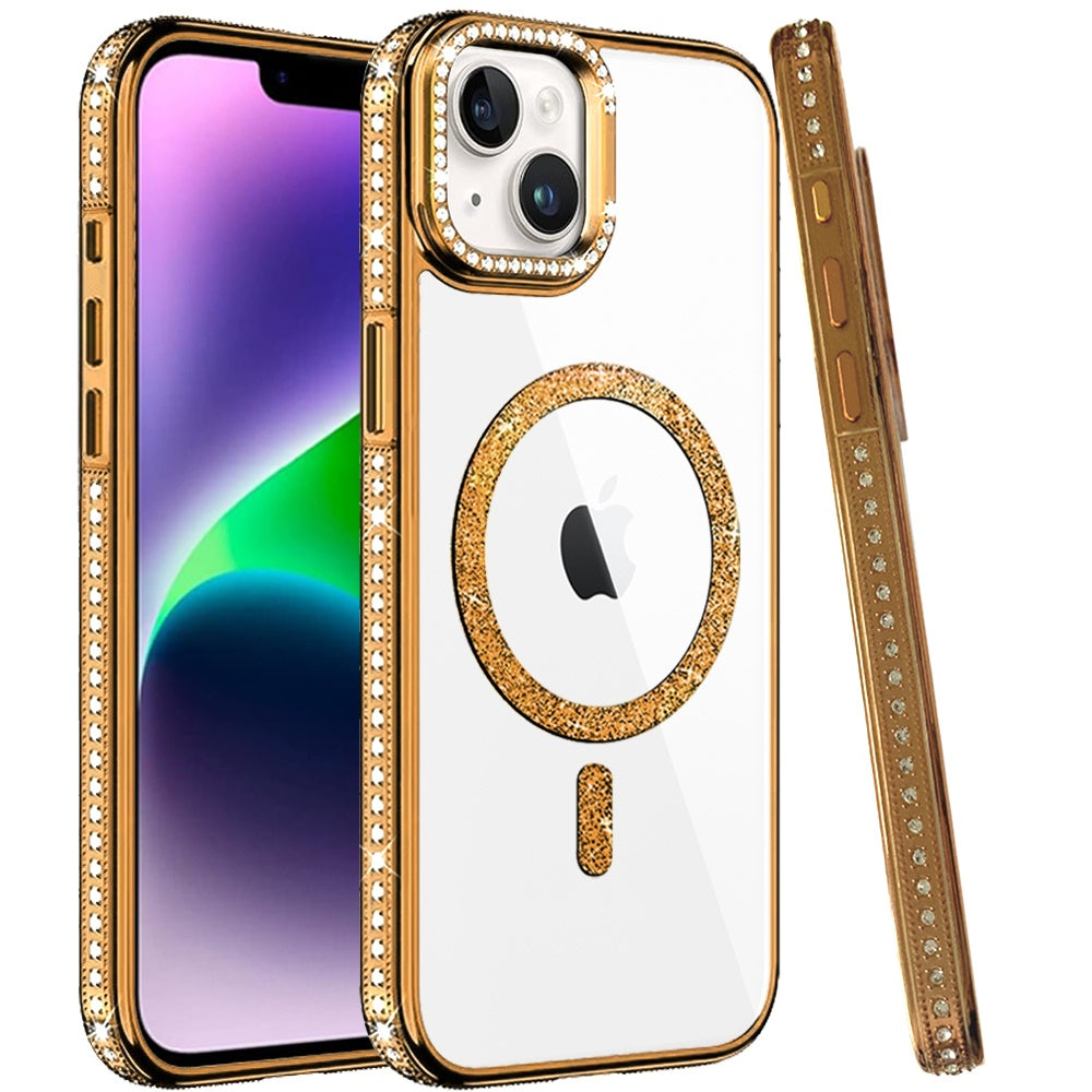 Phone Case for Apple iPhone 14 Luxury Diamond Bling Edged Magnetic Glitter Shockproof Hybrid with Camera Kickstand Durable Grip Cover