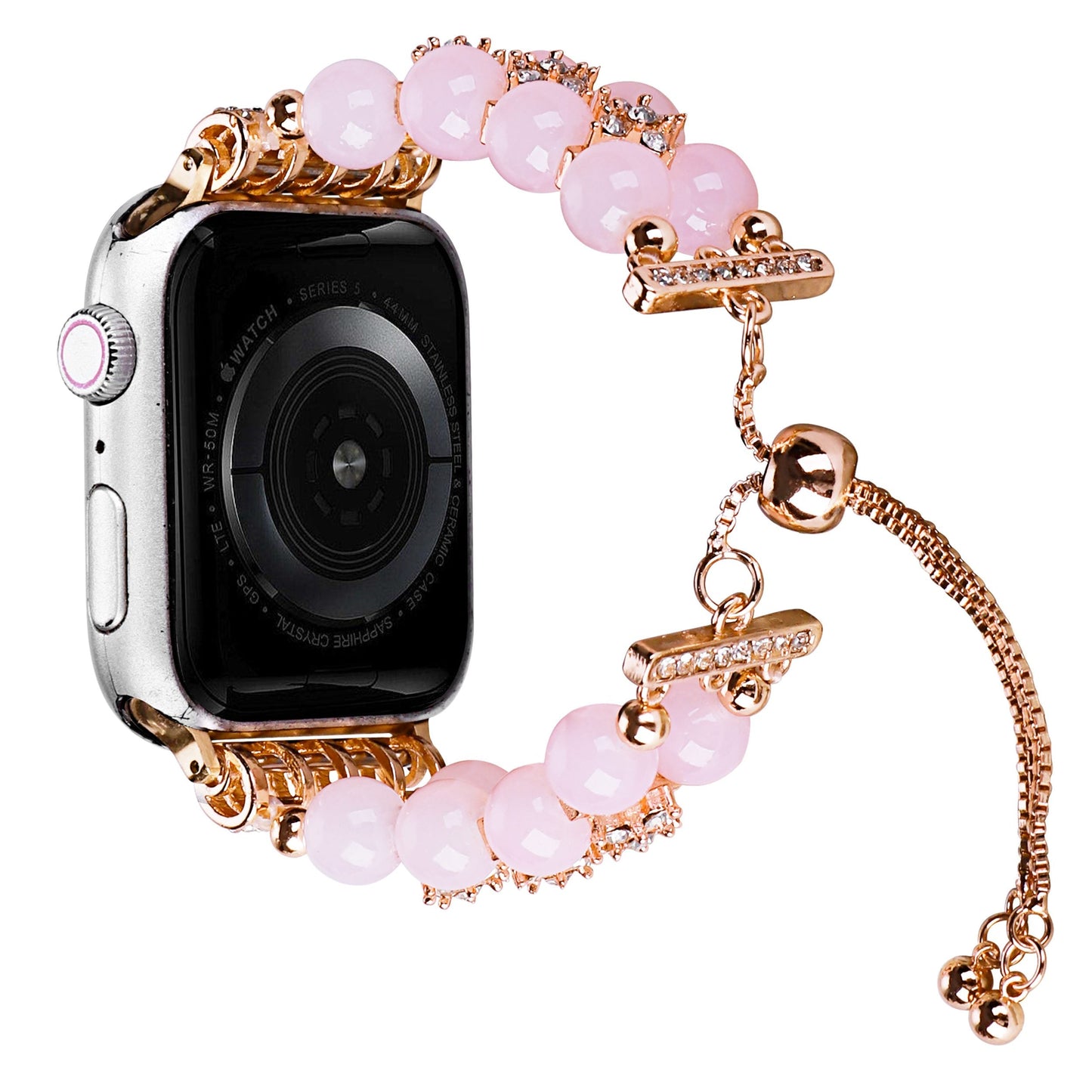 Watch Band for Apple Watch 42/44/45/46mm & Ultra 49mm, Series 4-10 & SE Pearls Fashion Bling Strand Metal Adjustable replacment Bracelet Style with Secure Attachment