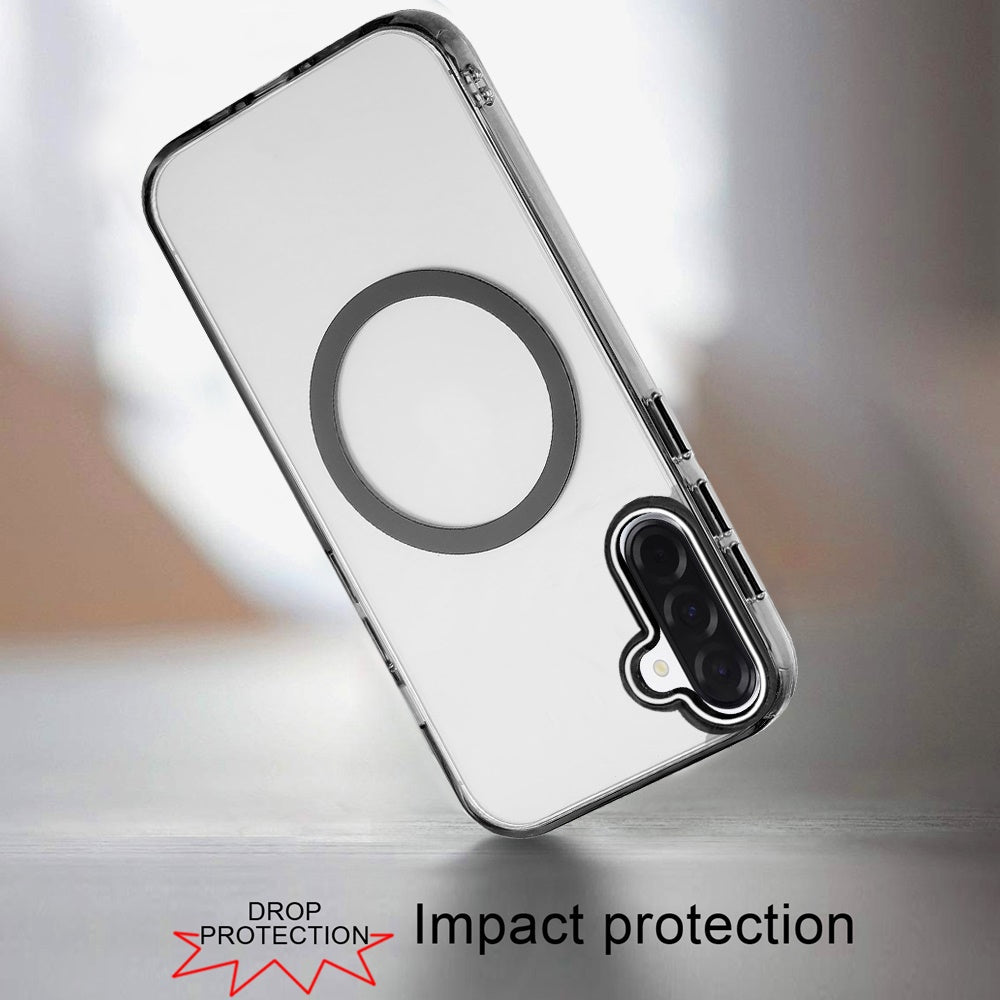 For Samsung Galaxy A37 Transparent Back Hybrid Case - Magnetic Circle, Color Frame, Metal Buttons, MagSafe Compatible Case Cover Black