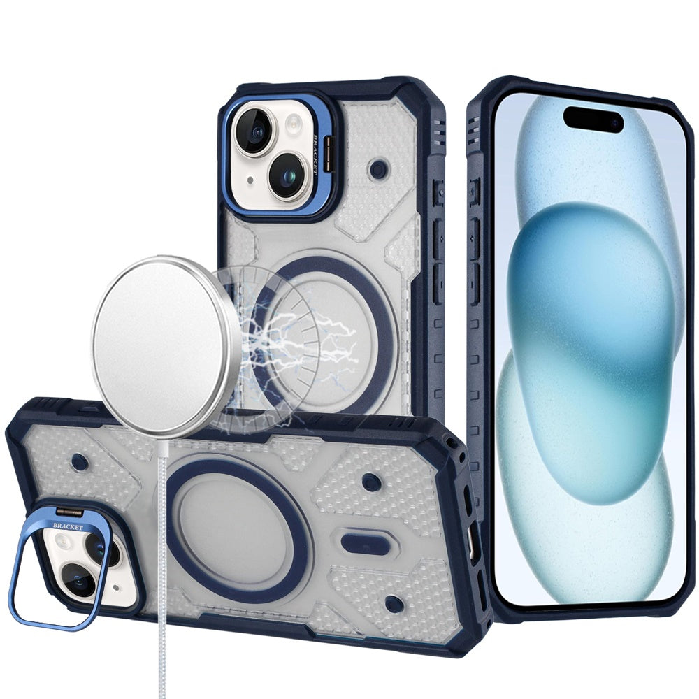 For Apple iPhone 15 Transparent Tough Dotted Magnetic Case with Camera Stand & Hybrid Grip Shockproof Case Cover