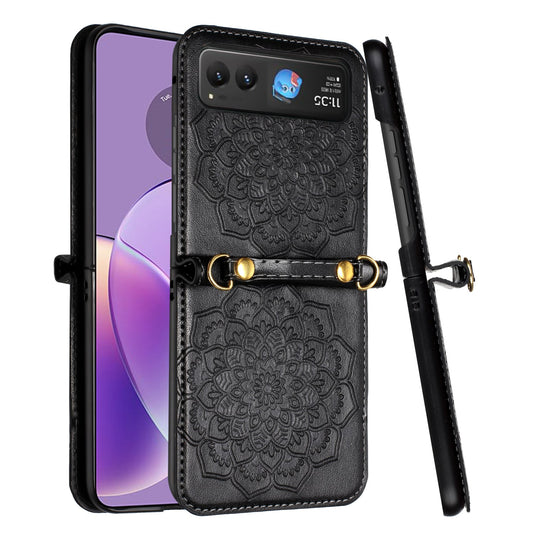 Phone Case for Motorola Razr 2026, Razr 2025, Razr 2024 PU Leather Embossed Floral Textured with Strap Protective Reinforced Edge Mandala Design Cover Black