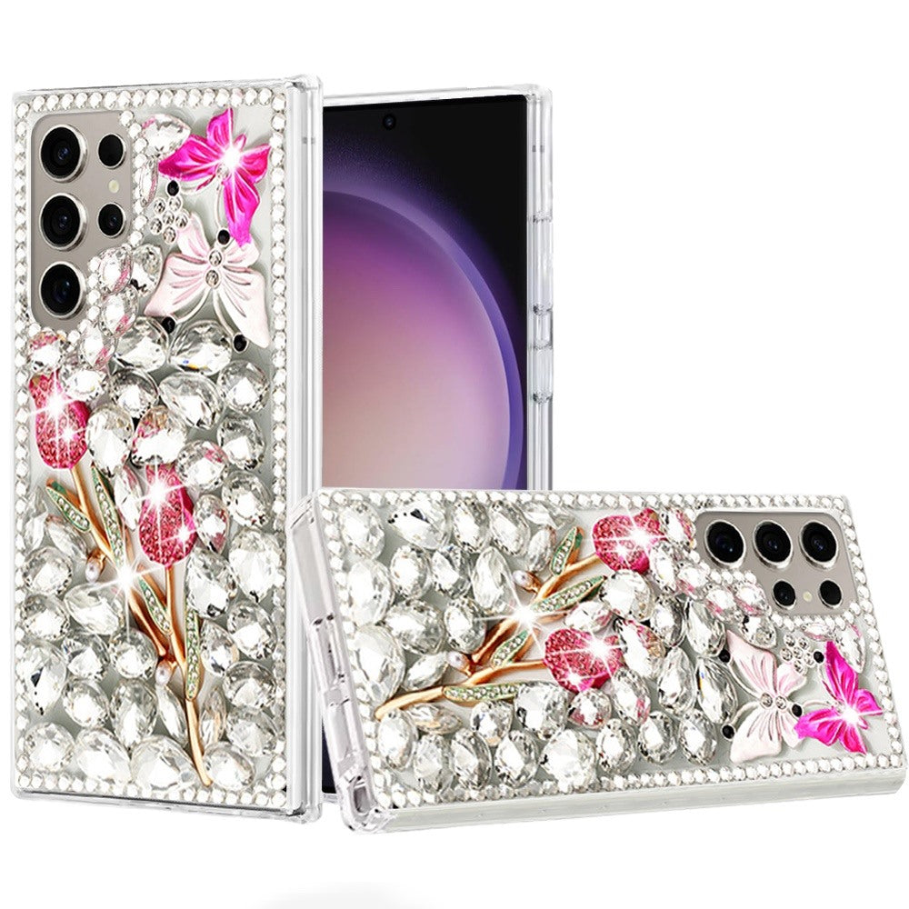 Phone Case for Samsung Galaxy S23 Ultra Luxury Full Diamond Glitter 3D Floral Ornament Hybrid Shockproof Stylish Rhinestone Designer Protective Elegant Cover