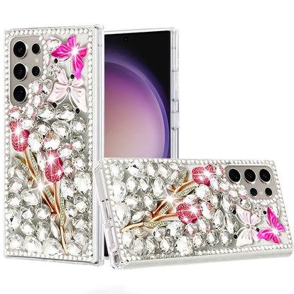 Phone Case for Samsung Galaxy S23 Ultra Luxury Full Diamond Glitter 3D Floral Ornament Hybrid Shockproof Stylish Rhinestone Designer Protective Elegant Cover