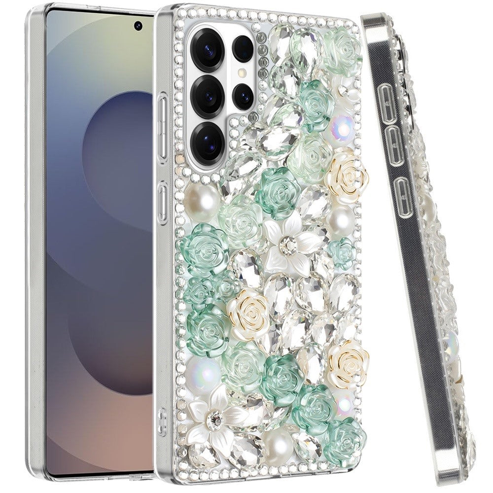 For Samsung Galaxy S26 Ultra Fashion Rose Flower Floral, 3D Bling Crystal Full Diamonds Pearl Sparkle Rhinestone Glitter Hybrid Case Cover