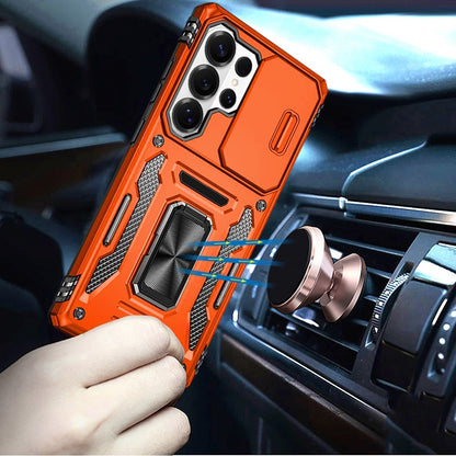 For Samsung Galaxy S25 Ultra Tough Hybrid Case with Movable Camera Window & Metal Ring Stand Shockproof Case Cover Cosmic Orange