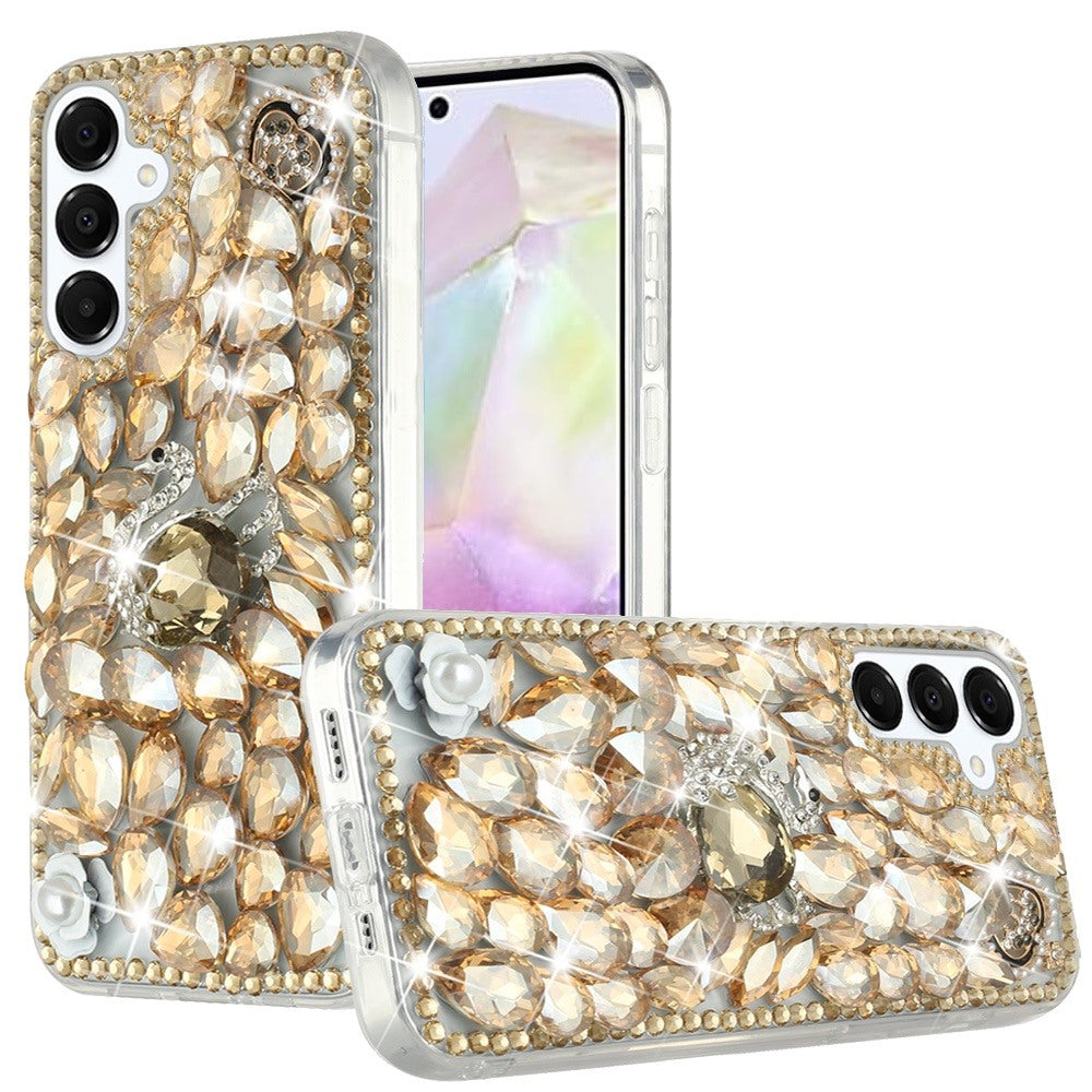 Phone Case for Samsung Galaxy A56 / A36 Luxury Full Diamond Glitter 3D Floral Ornament Hybrid Shockproof Stylish Rhinestone Designer Protective Elegant Cover Gold Swan Crown Pearl