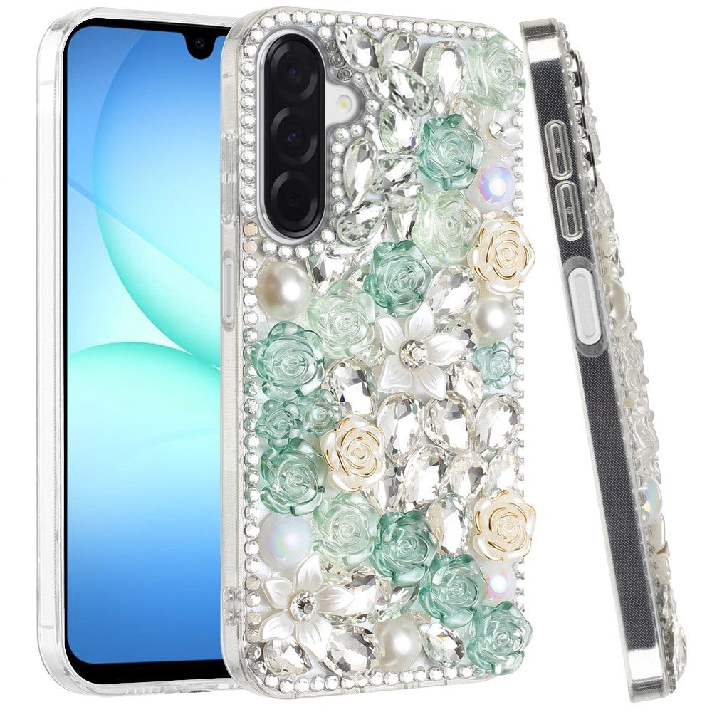 Phone Case for Samsung Galaxy A17 5G Rose Flower Full Diamond Bling Rhinestone Glitter Luxury Stylish Sparkle Protective Designer Hybrid Cover