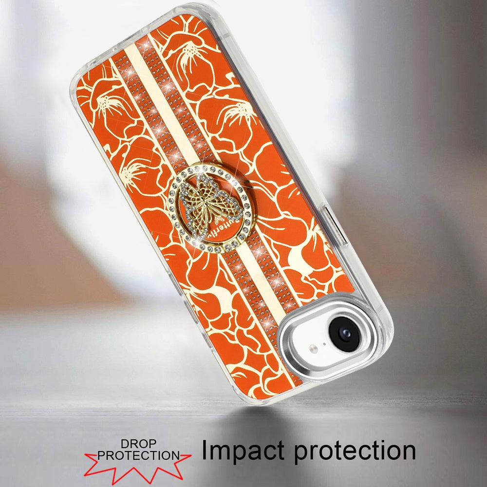 Phone Case for Apple iPhone 17E /16E Floral Butterfly Ring Stand Glitter Bling Shockproof Hybrid Luxury Fashion Protective Anti Slip Durable Grip Cover Cosmic Orange